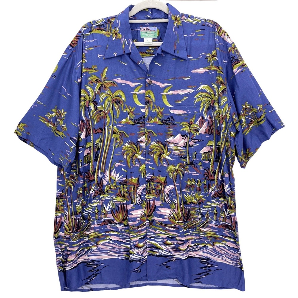 Reyn Spooner Blue Tropical Print Button Up Shirt L 00s Rayon Aloha Hawaiian